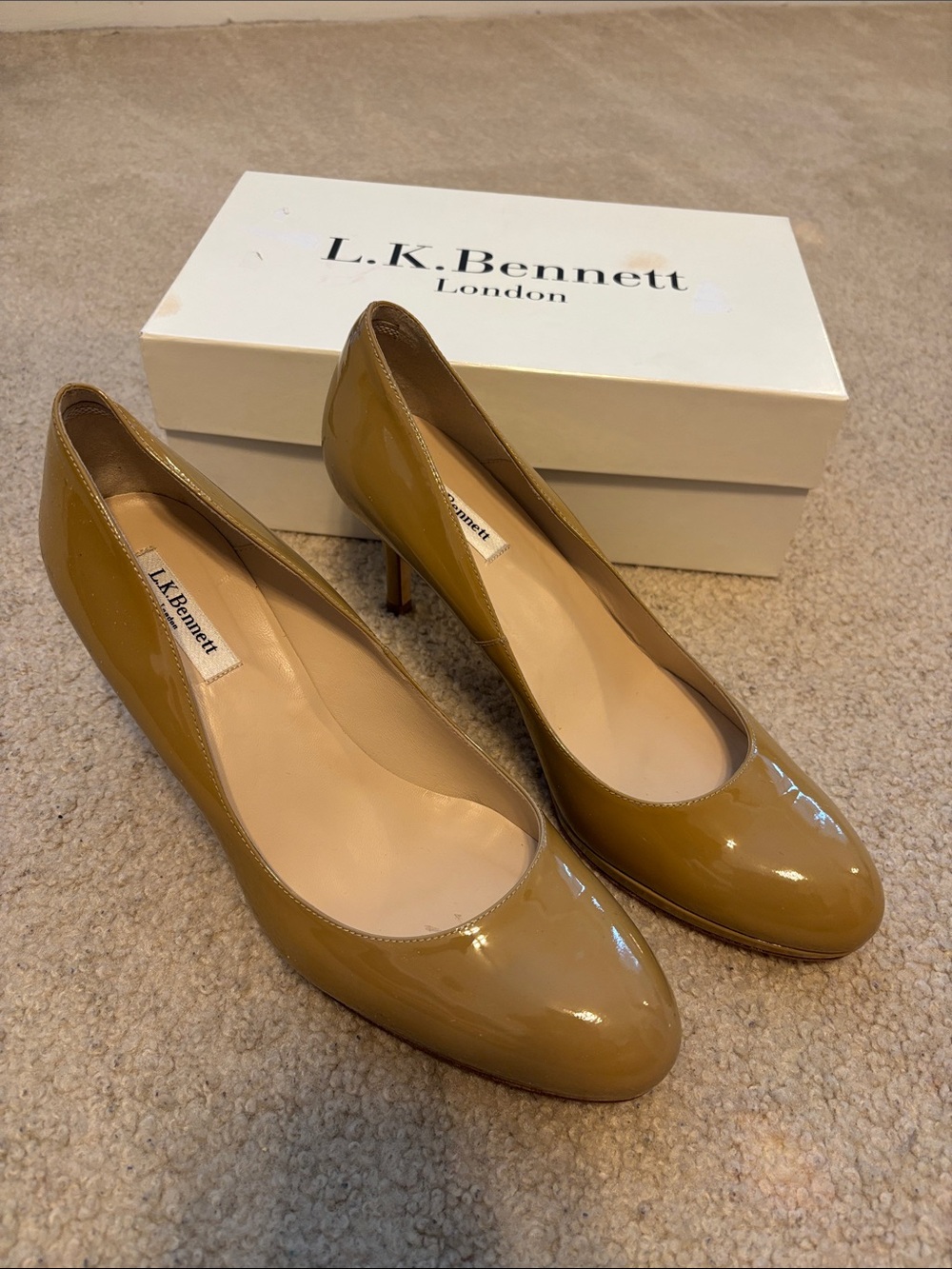 LK Bennett Glossy Patent Leather Pumps in Mustard Brown